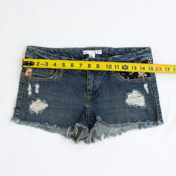 2.1 Denim Cut Off Jean Shorts - Floral Fabric Distressed Denim - Picture 3 of 5